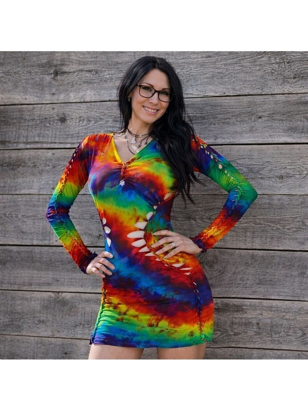 NWOT Rainbow Tie-Dye Braided Cutout Mini Dress Festival Bodycon Size S
